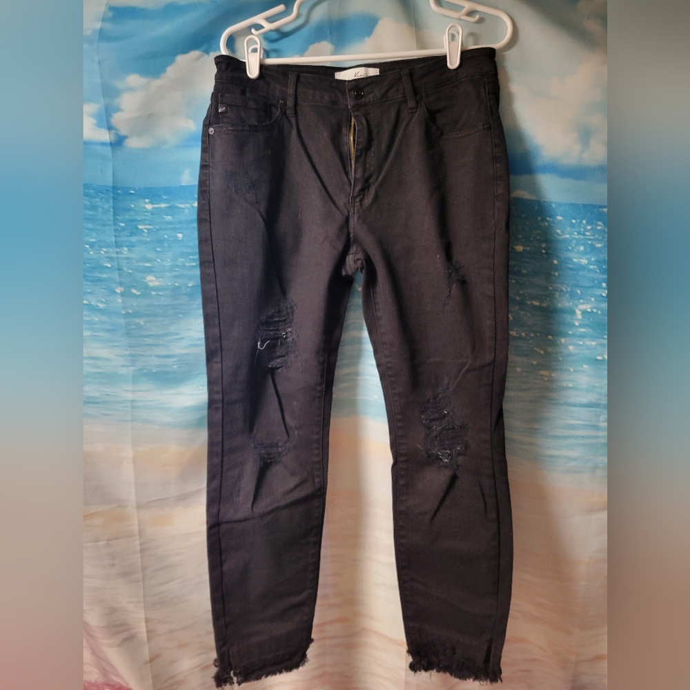 KanCan Black Lightly Distressed Women's Jeans Size‎ 13/30 Raw Hem Ankle Slit